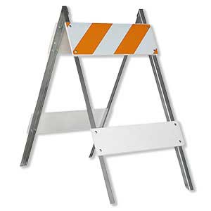 Plywood traffic barricade with orange stripes