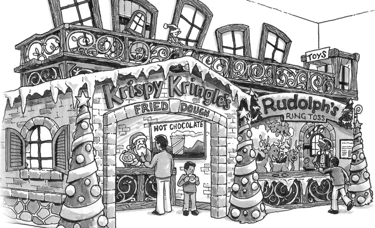 Black and white cartoon of a Christmas village Production & Execution