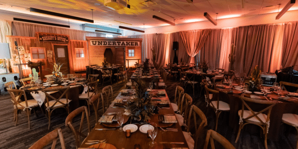 a long table set for a dinner party