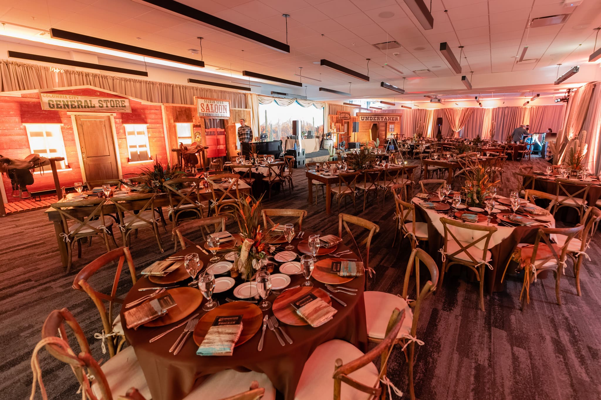 a room with tables and chairs